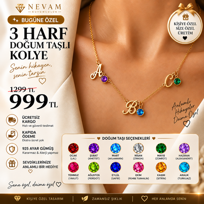 Kişiye Özel 3 Harf Doğum Taşlı Kolye | 925 Ayar Gümüş