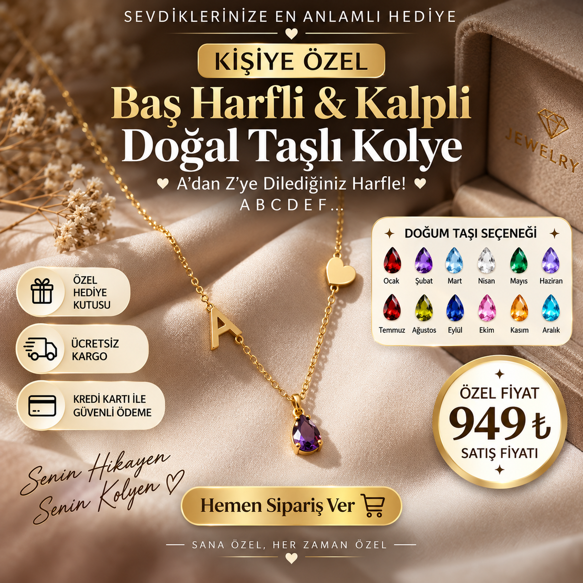 Kişiye Özel Baş Harfli &amp; Kalpli Doğal Taşlı Kolye – 925 Ayar Gümüş