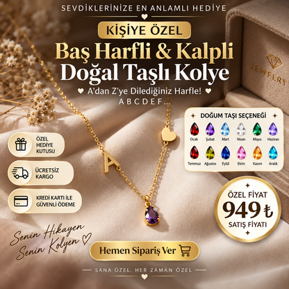 Kişiye Özel Baş Harfli &amp; Kalpli Doğal Taşlı Kolye – 925 Ayar Gümüş
