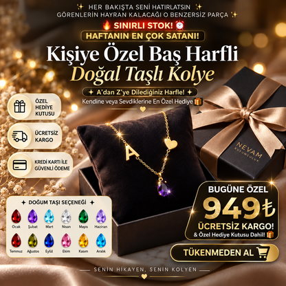 Kişiye Özel Baş Harfli &amp; Kalpli Doğal Taşlı Kolye – 925 Ayar Gümüş