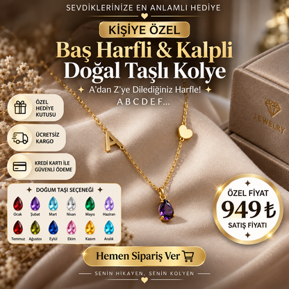 Kişiye Özel Baş Harfli &amp; Kalpli Doğal Taşlı Kolye – 925 Ayar Gümüş