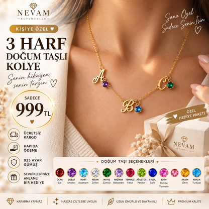 Kişiye Özel 3 Harf Doğum Taşlı Kolye | 925 Ayar Gümüş