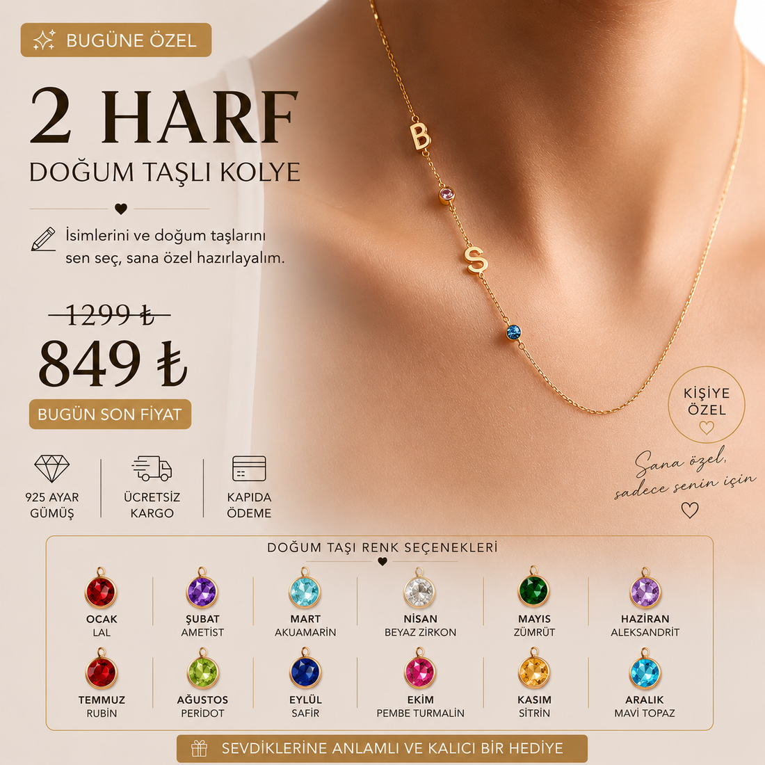2 Harf Doğum Taşlı Kolye 💎 🚚 Ücretsiz Kargo •