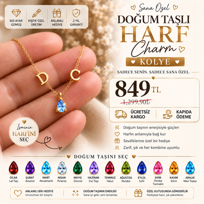Kişiye Özel Doğum Taşlı Harf Charm Kolye – 925 Ayar Gümüş ⭐