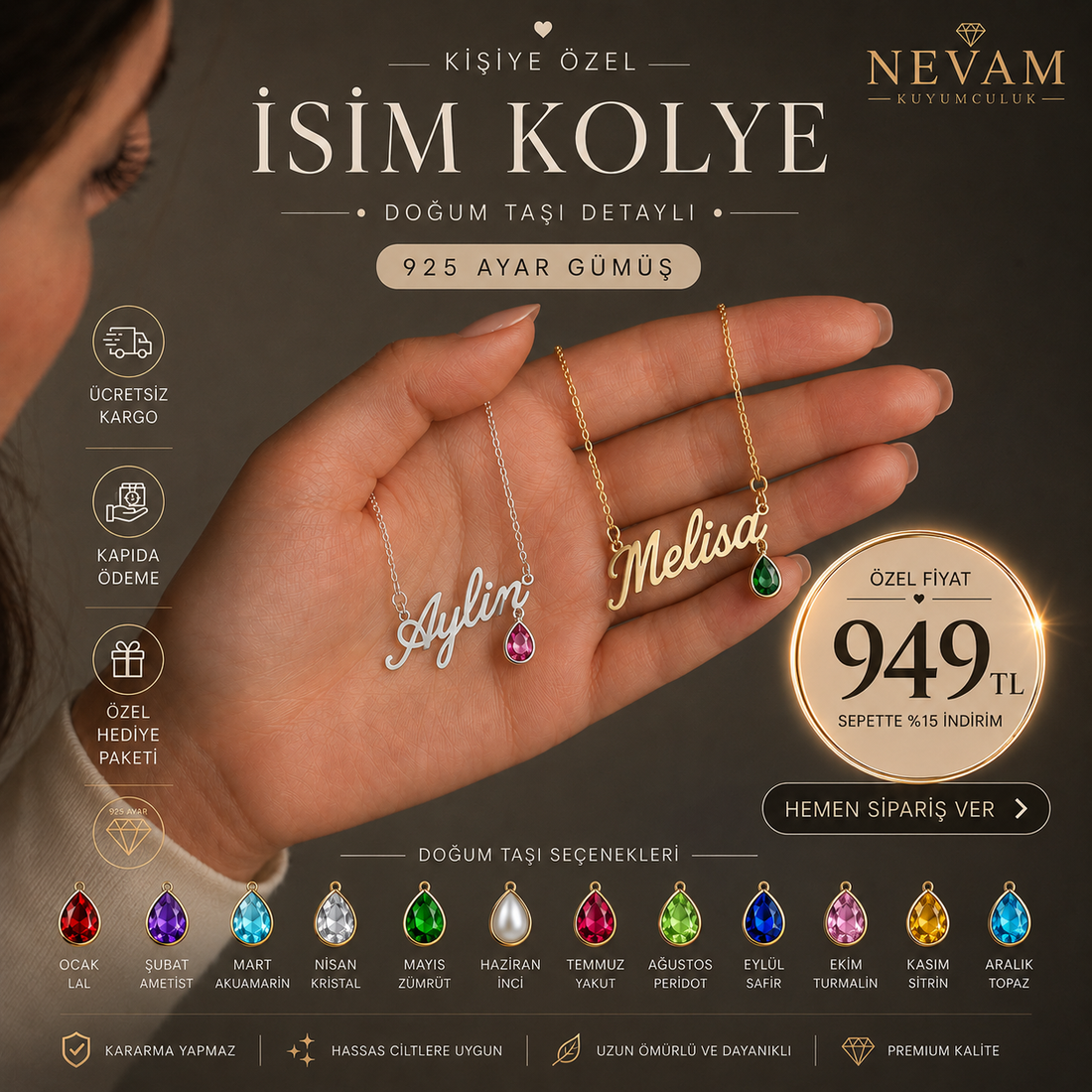 Özel İsim Kolye – 925 Ayar Gümüş Doğum Taşı Detaylı