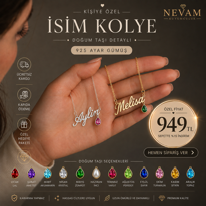 Özel İsim Kolye – 925 Ayar Gümüş Doğum Taşı Detaylı