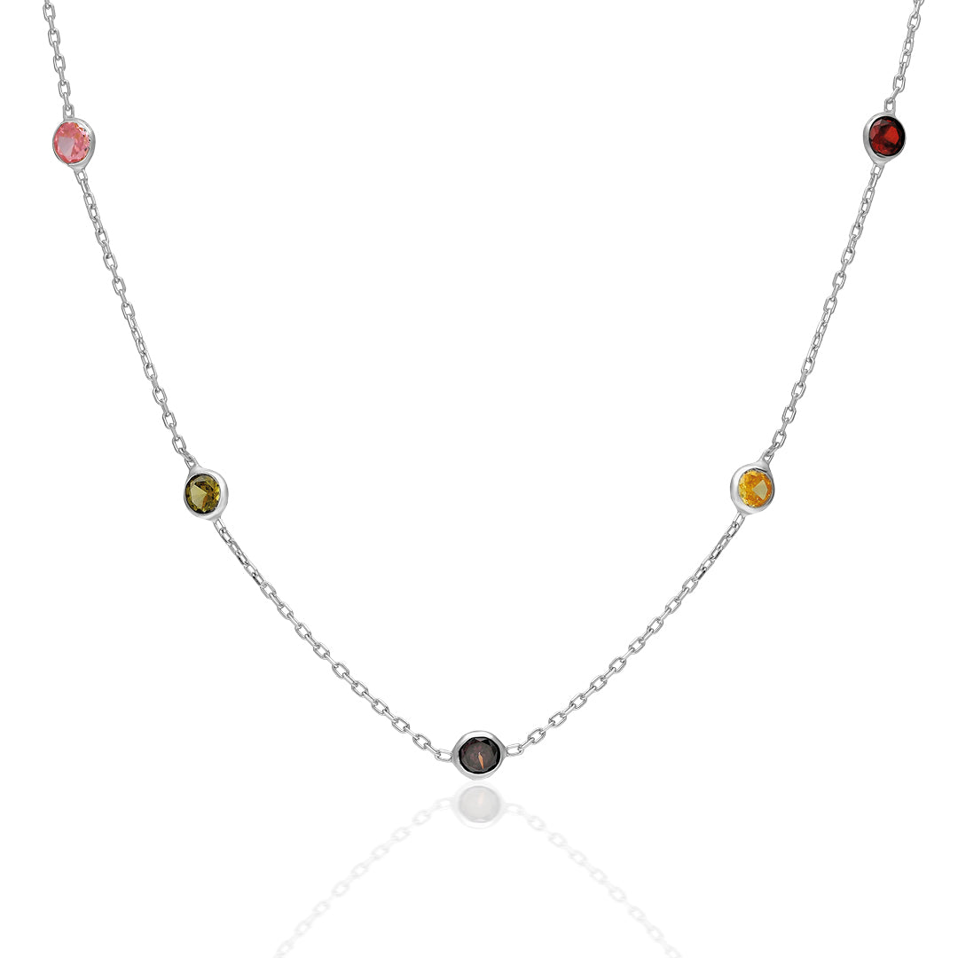 Renkli Taşlı Zincir Kolye - 925 GÜMÜŞ