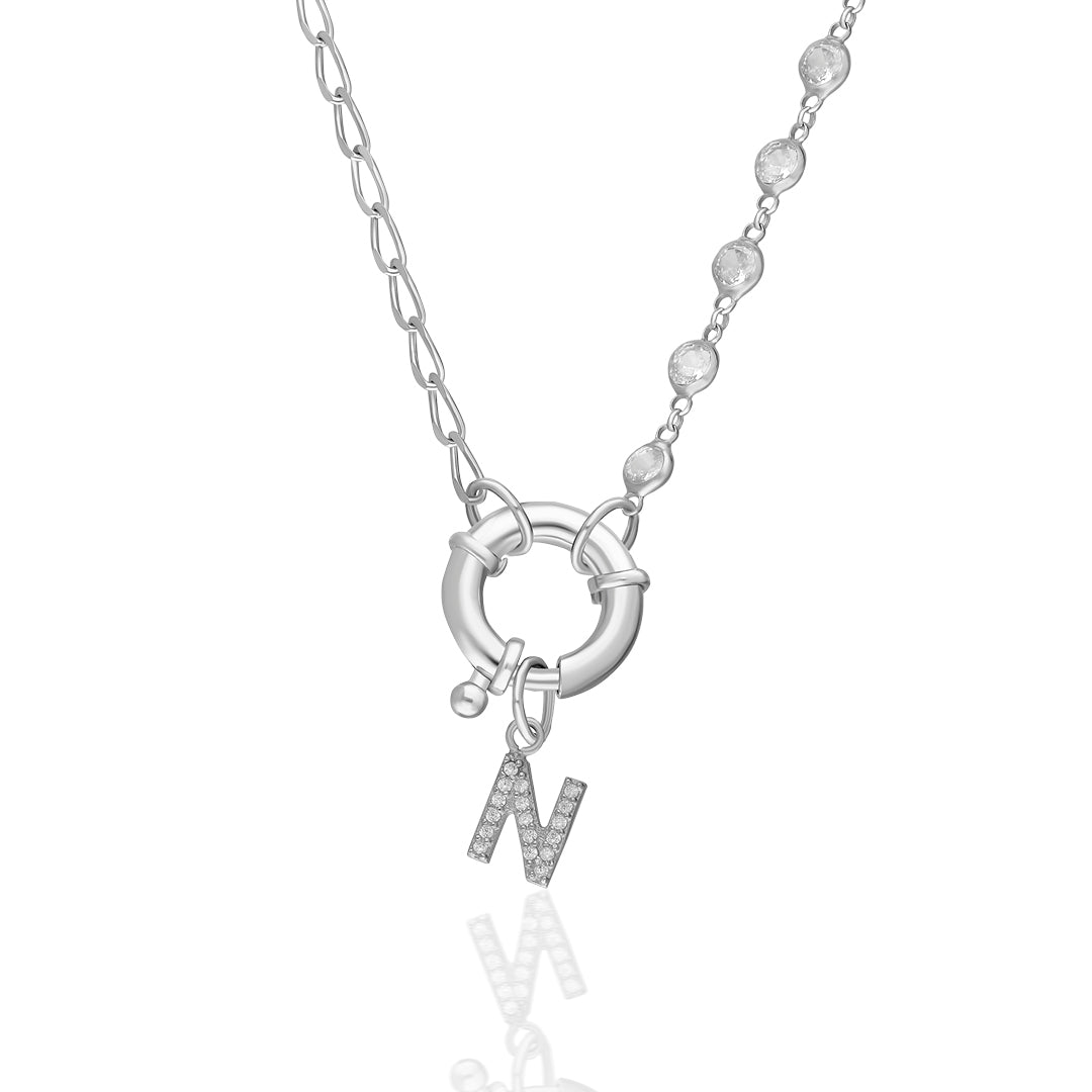 Sıra Taşlı Gemici Kilitli  Harfli Kolye - 925 GÜMÜŞ