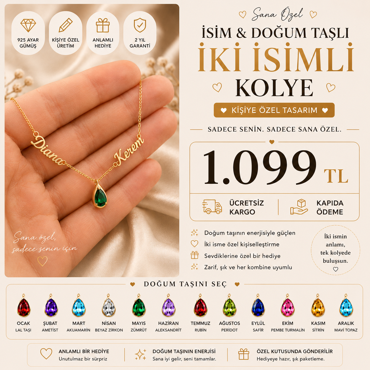 Kişiye Özel İki İsimli Doğum Taşlı Kolye – 925 Ayar Gümüş