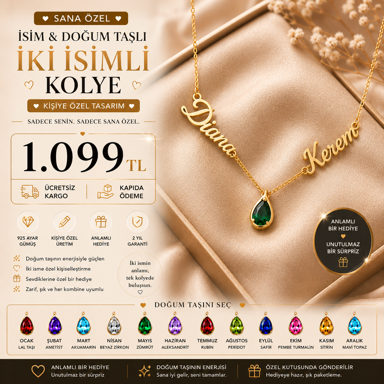 Kişiye Özel İki İsimli Doğum Taşlı Kolye – 925 Ayar Gümüş