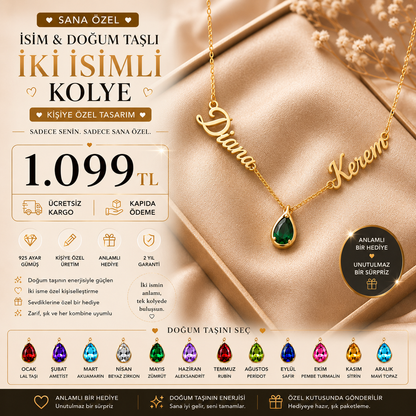 Kişiye Özel İki İsimli Doğum Taşlı Kolye – 925 Ayar Gümüş